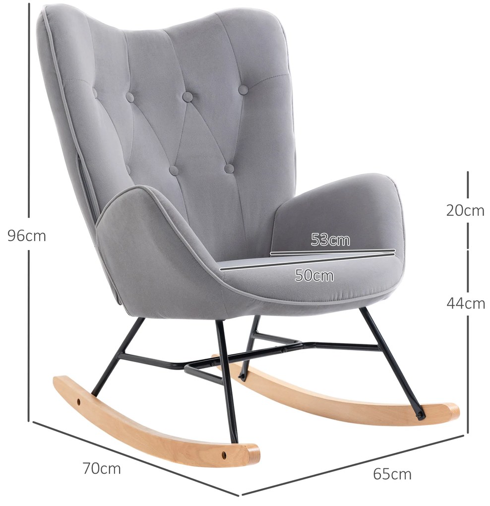 HOMCOM Κουνιστή πολυθρόνα με καπιτονέ, ξύλινες βάσεις, όψη βελούδου, έως 150 kg, ανοιχτό γκρι