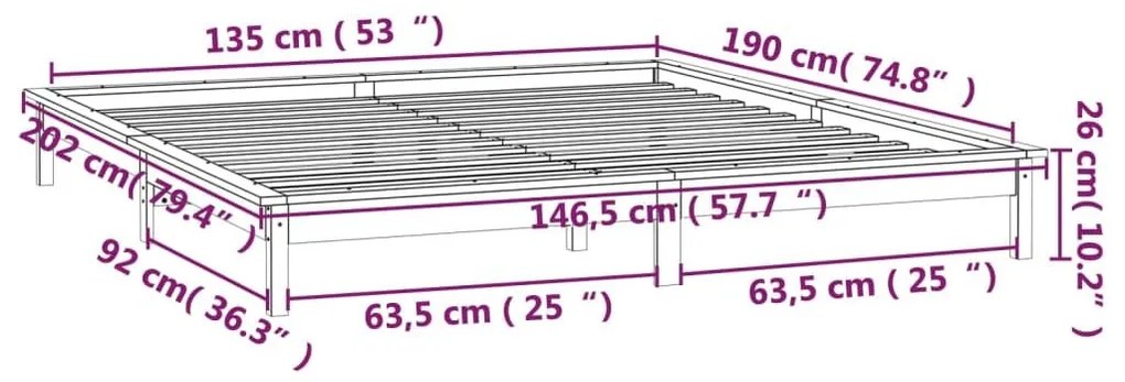 Πλαίσιο Κρεβατιού με LED Γκρι 135 x 190 εκ. Διπλό Μασίφ Ξύλο - Γκρι