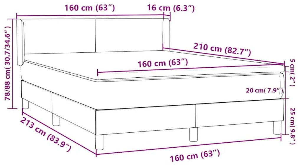 Κρεβάτι Boxspring με Στρώμα Σκούρο Γκρι 160x210 εκ. Βελούδινο - Γκρι