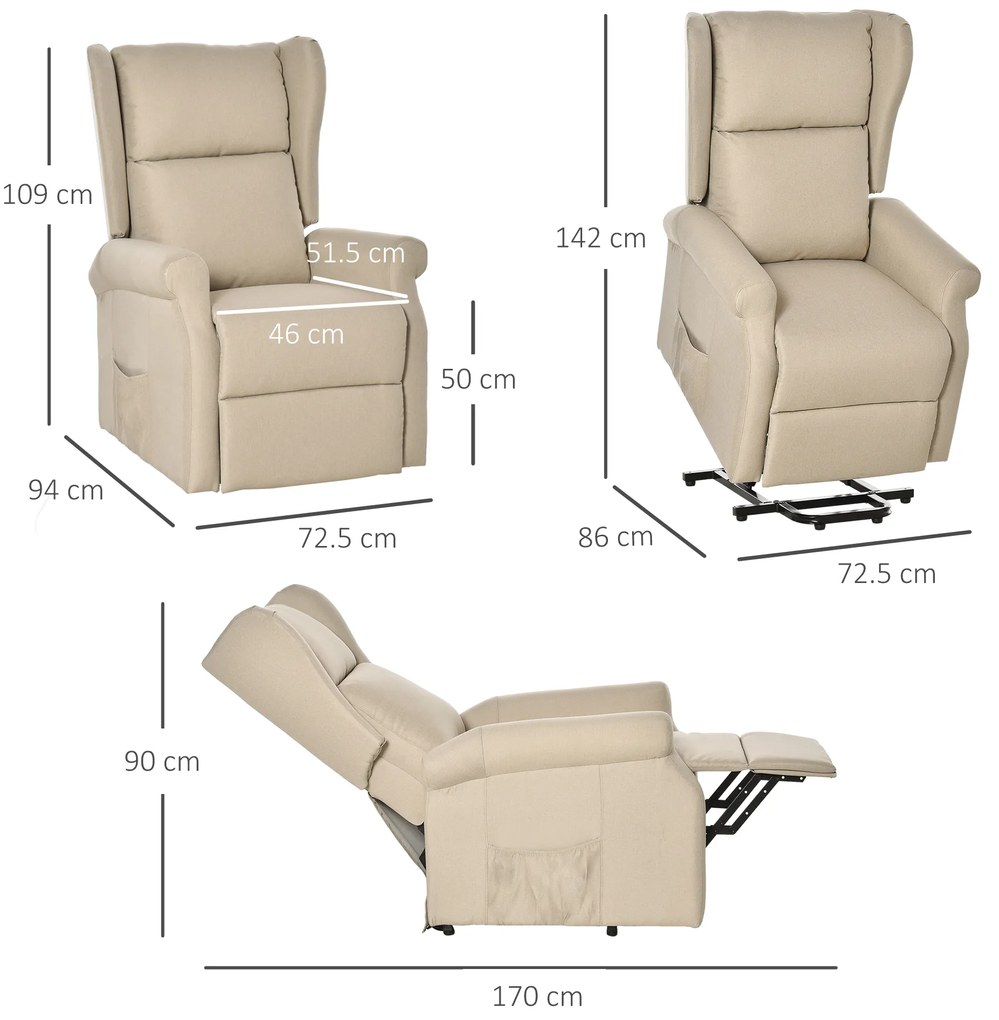 HOMCOM Ηλεκτρική πολυθρόνα ανάκλισης με λειτουργία ανύψωσης, πολυθρόνα για ηλικιωμένους με βοήθεια ανύψωσης, έως 200 κιλά, 72,5x94x109cm, Κρεμ