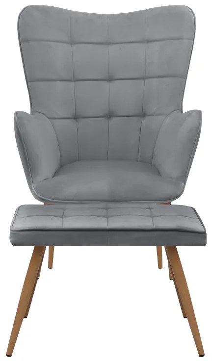 Πολυθρόνα - Μπερζέρα με υποπόδιο Lily Megapap γκρι βελούδο - μεταλλικό πόδι χρώμα φυσικό 70x62x98εκ.