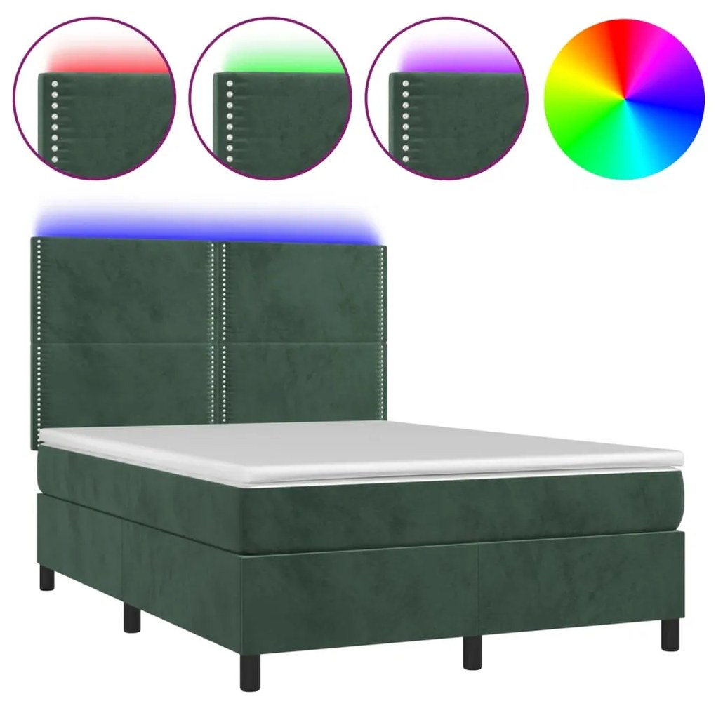 Κρεβάτι Boxspring με Στρώμα &amp; LED Σκ. Πράσινο 140x200εκ Βελούδο - Πράσινο