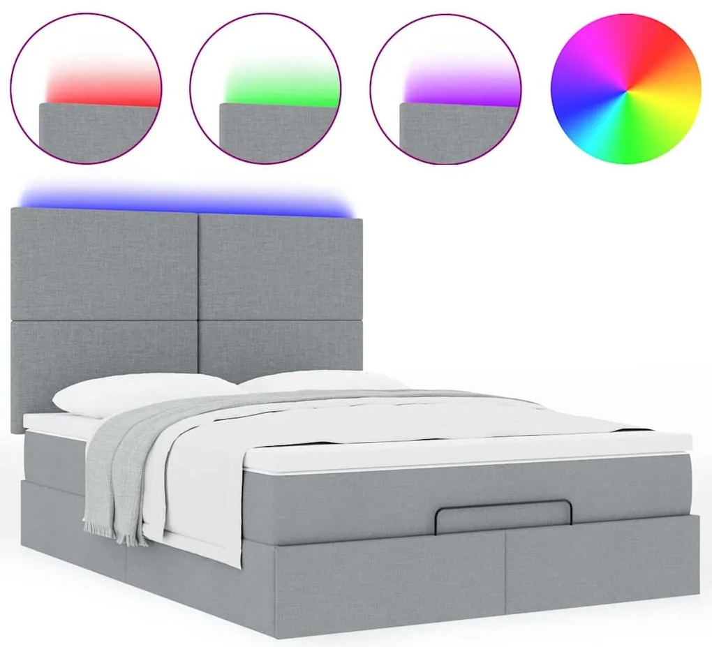 vidaXL Οθωμανικό κρεβάτι με στρώμα &amp; LEDs Ανοιχτό γκρι ύφασμα