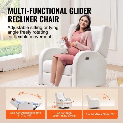 VEVOR Electronic Power Recliner and Swivel Glider, 250 lbs Weight Capacity Swivel Glider Recliner Chair with Adjustable Angle, Polyester Surface Recliner Rocker for Living Room, Bedroom, Off White