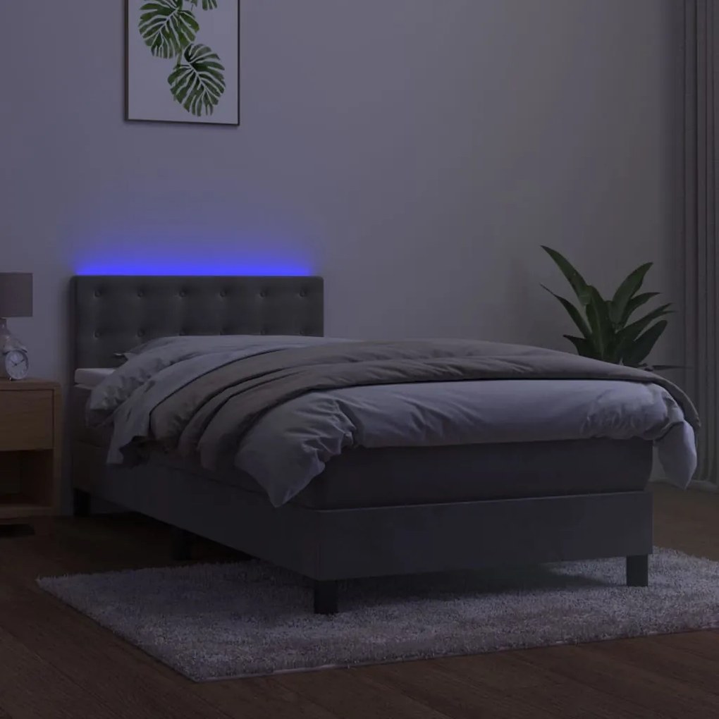 vidaXL Κρεβάτι Boxspring με Στρώμα & LED Αν.Γκρι 90x190 εκ. Βελούδινο