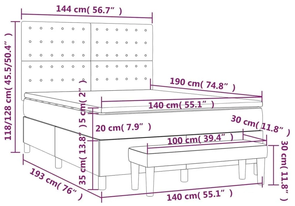 Κρεβάτι Boxspring με Στρώμα Ανοιχτό Γκρι 140x190 εκ. Βελούδινο - Γκρι