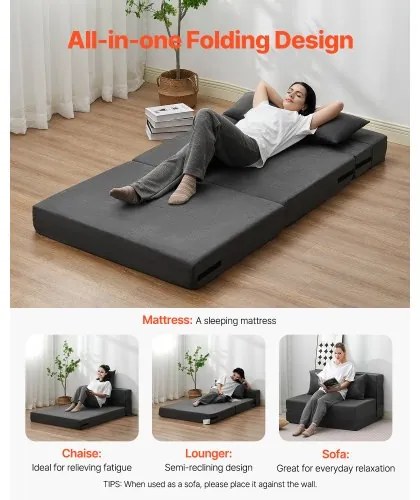 VEVOR Folding Sofa Bed 3-in-1 Foldable Couch Bed with 2 Pillows Dark Grey Twin