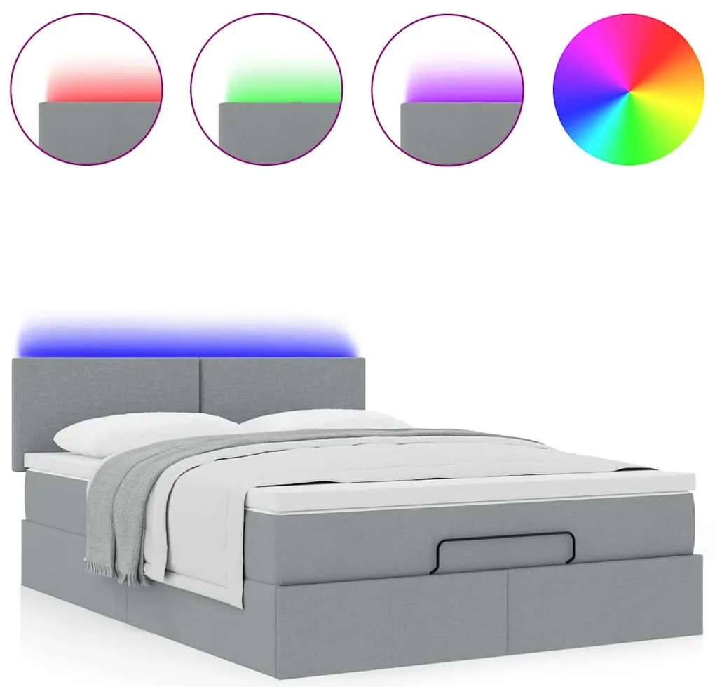 vidaXL Οθωμανικό κρεβάτι με στρώμα&amp;LEDs Ανοιχτό γκρι 140x190cm Ύφασμα