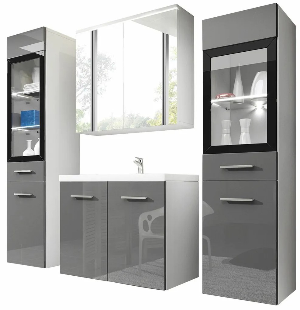 Σετ μπάνιου Sarasota 140, 120x35cm, 66 kg, Γυαλιστερό γκρι, Άσπρο, Πλαστικοποιημένη μοριοσανίδα, Καθρέφτης, Στυλ: Μοντέρνο, Ξεχωριστά μέρη, Γκρι