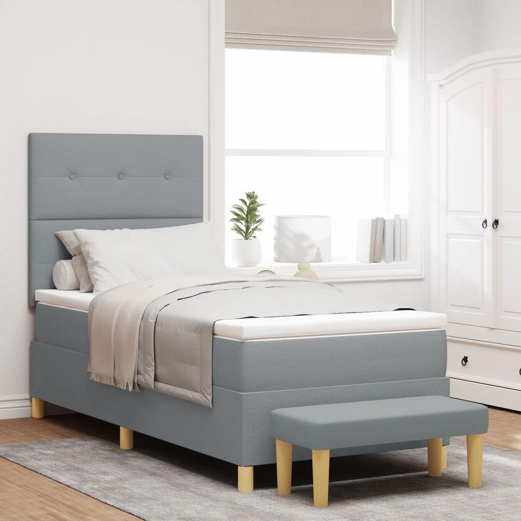 Κρεβάτι Box Spring με Στρώμα &amp; Πάγκο vidaXL Γκρι Ανοιχτό 100x200 εκ. Ύφασμα