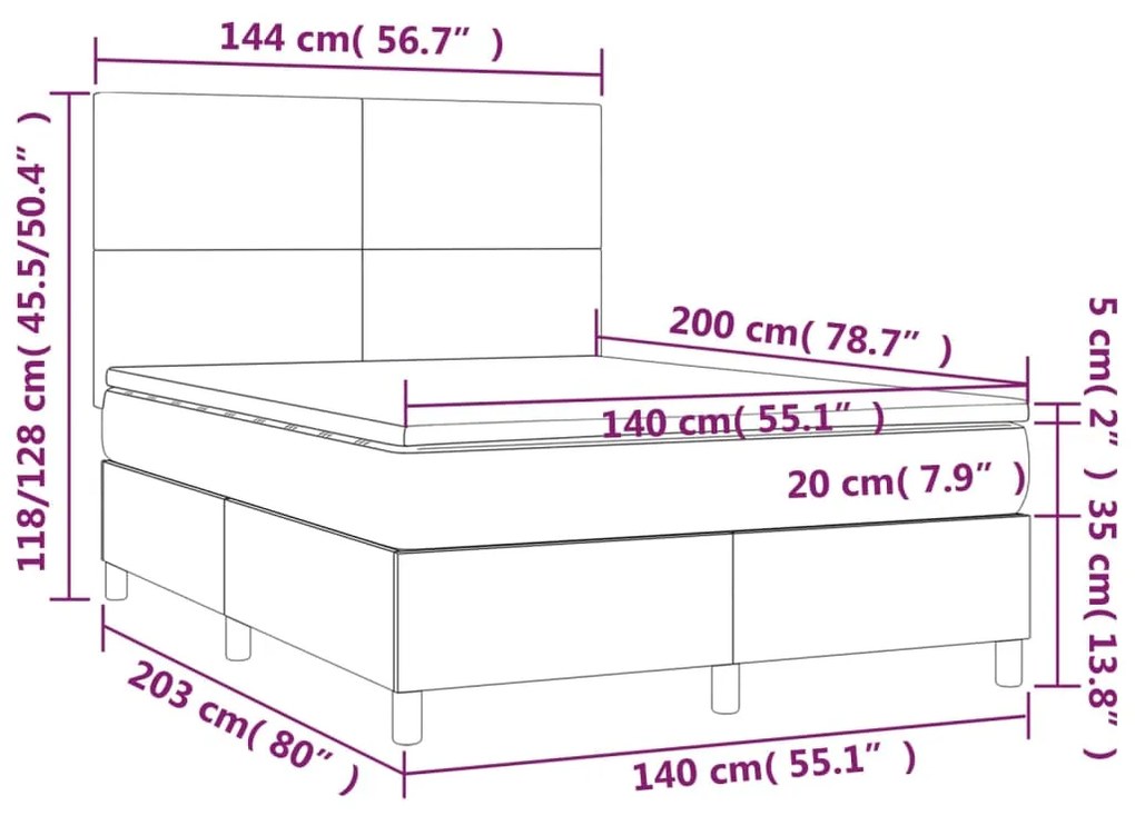 Κρεβάτι Boxspring με Στρώμα &amp; LED Taupe 140x200 εκ. Υφασμάτινο - Μπεζ-Γκρι