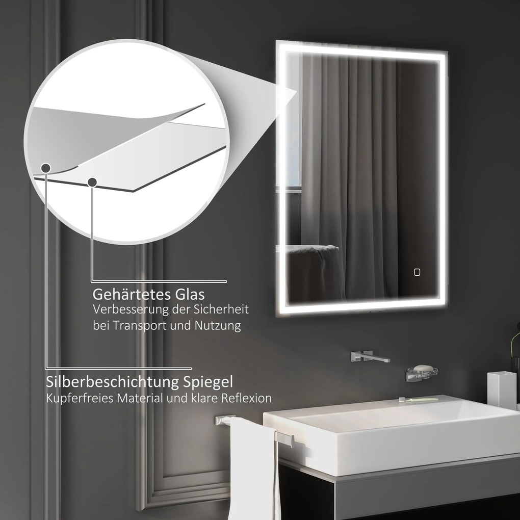 HOMCOM καθρέφτης μπάνιου με φωτισμό 90x70 cm LED καθρέφτης τοίχου με λειτουργία μνήμης 3 χρώματα φωτός Ασημί