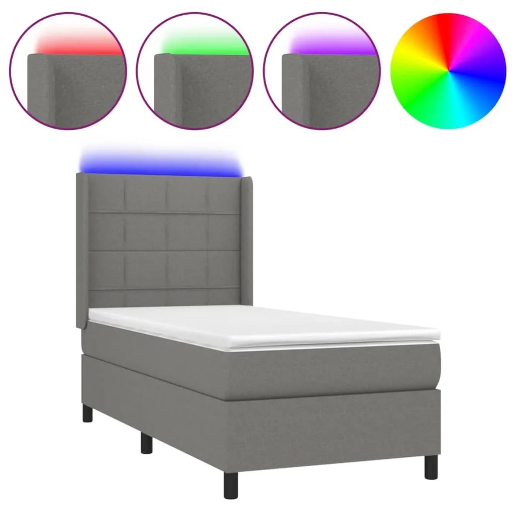 vidaXL Κρεβάτι Boxspring με Στρώμα & LED Σκ.Γκρι 90x200 εκ. Υφασμάτινο