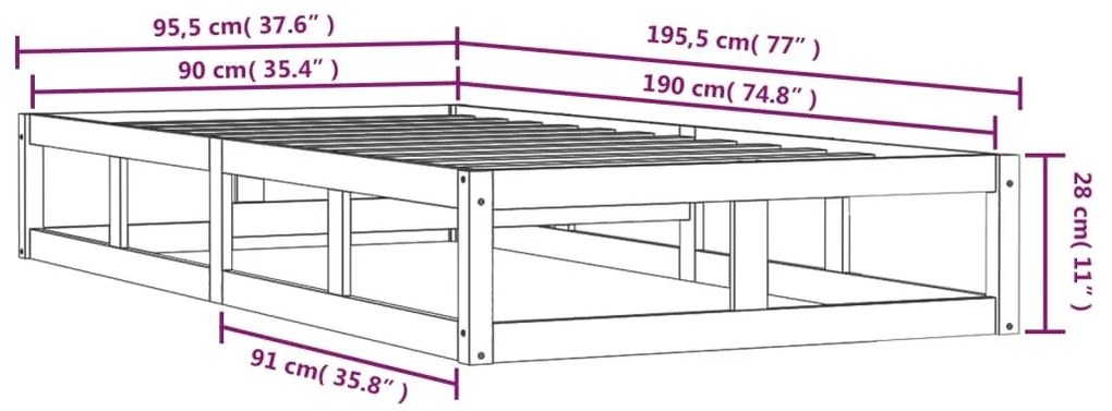 Πλαίσιο Κρεβατιού Λευκό 90 x 190 εκ. Μασίφ Ξύλο Single - Λευκό