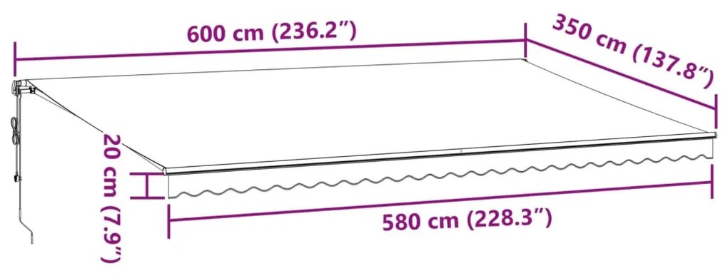 Τέντα Πτυσσόμενη Αυτόματη με LED Μπορντό 600x350 εκ. - Πολύχρωμο