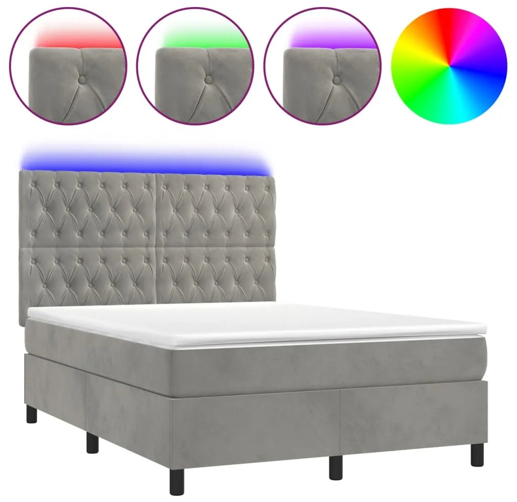 vidaXL Κρεβάτι Boxspring με Στρώμα&LED Αν. Γκρι 140x190 εκ. Βελούδινο