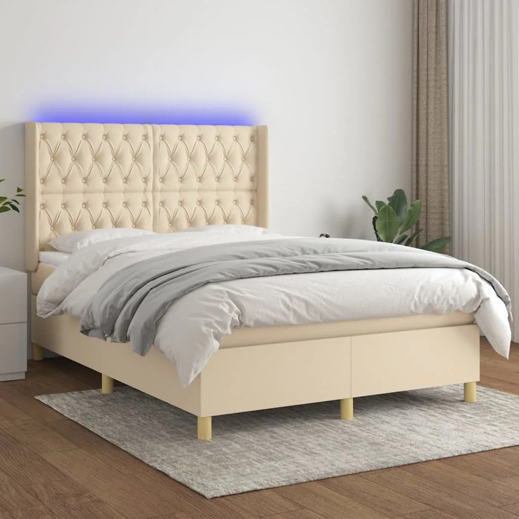 vidaXL Κρεβάτι Boxspring με Στρώμα & LED Κρεμ 140x200 εκ. Υφασμάτινο