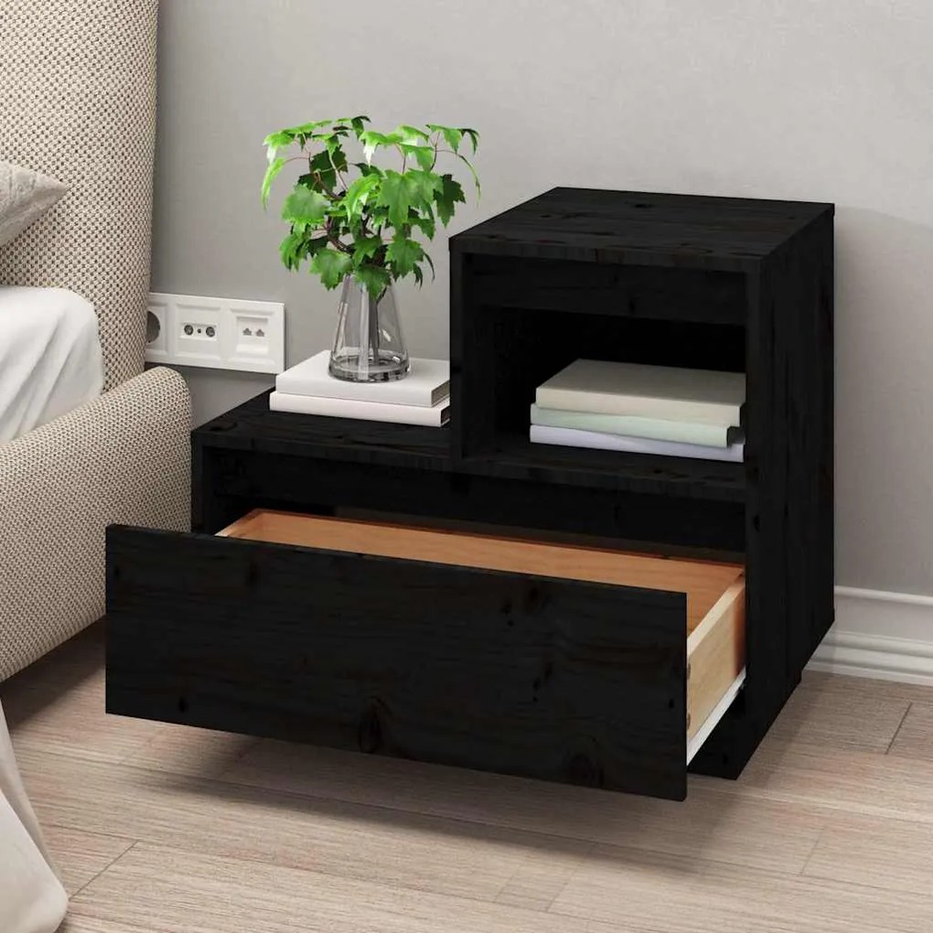 vidaXL Κομοδίνα 2 τεμ. Μαύρα 60 x 34 x 51 εκ. από Μασίφ Ξύλο Πεύκου