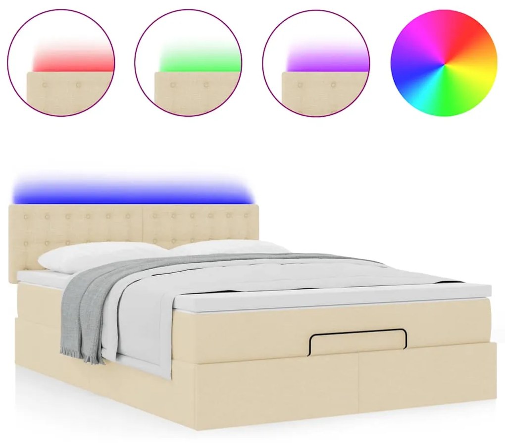 vidaXL Οθωμανικό κρεβάτι με στρώμα & LEDs Cream 140x190cm Ύφασμα