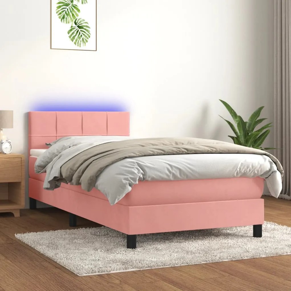 vidaXL Κρεβάτι Boxspring με Στρώμα & LED Ροζ 90x200 εκ. Βελούδινο