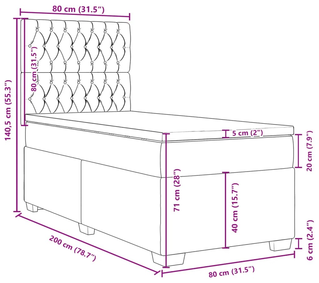 Κρεβάτι Boxspring με Στρώμα Ανοιχτό Γκρι 80x200 εκ. Βελούδινο - Γκρι