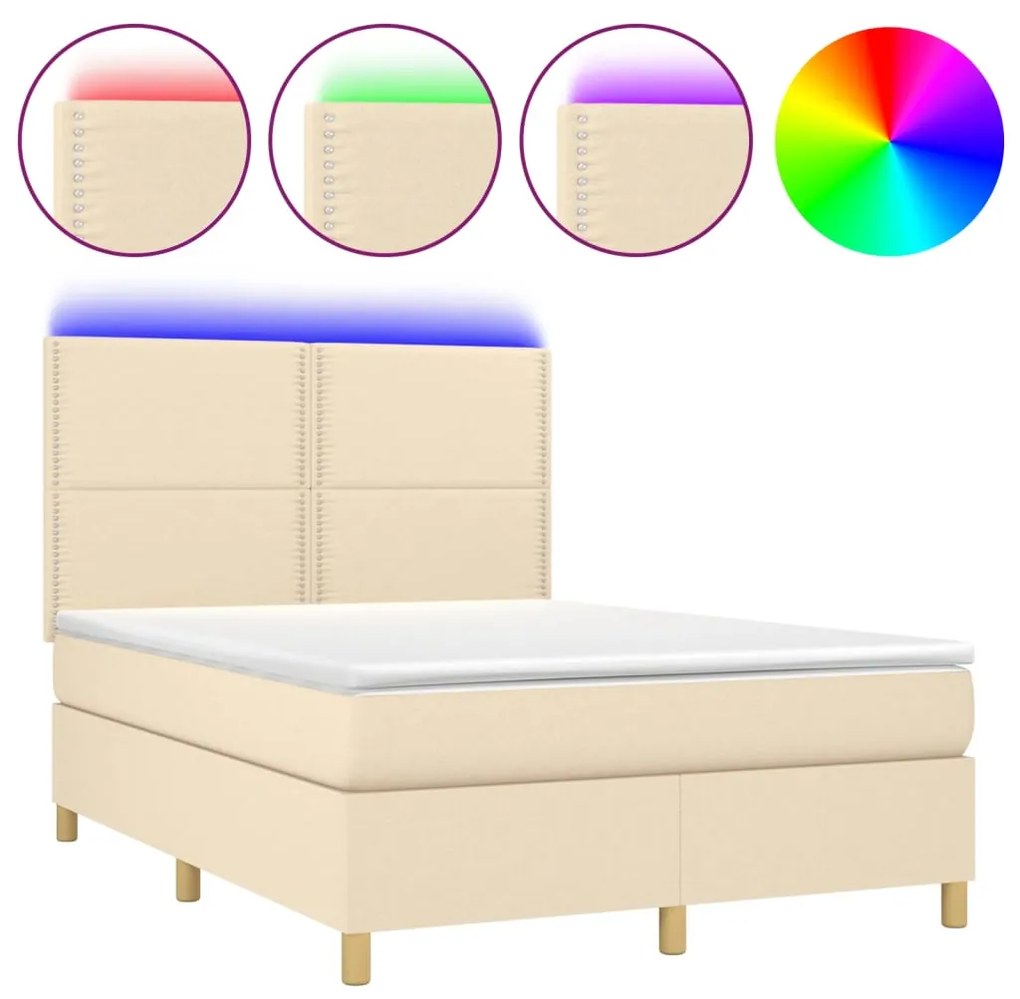 vidaXL Κρεβάτι Boxspring με Στρώμα & LED Κρεμ 140x200 εκ. Υφασμάτινο