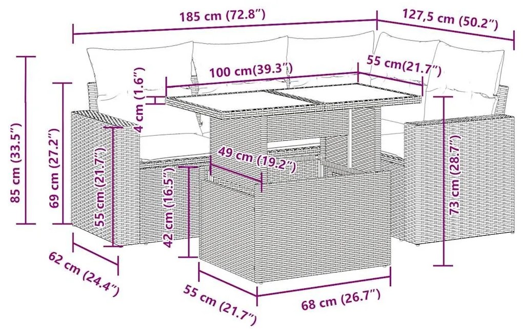 Σαλόνι Κήπου Σετ 5 Τεμαχίων Γκρι Συνθετικό Ρατάν με Μαξιλάρια - Γκρι