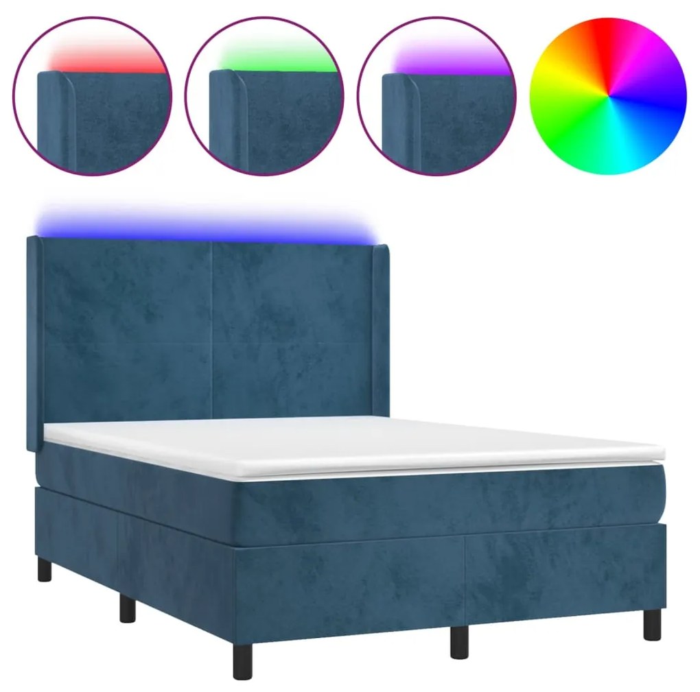 Κρεβάτι Boxspring με Στρώμα &amp; LED Σκ. Μπλε 140x200εκ. Βελούδινο - Μπλε