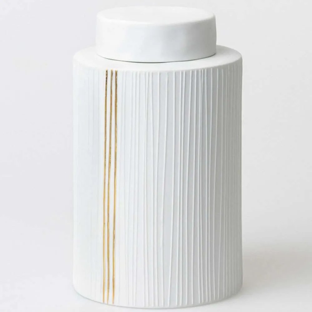 Βάζο Με Καπάκι Gold Stripes RD0016990 15x25cm White-Gold Raeder Πορσελάνη