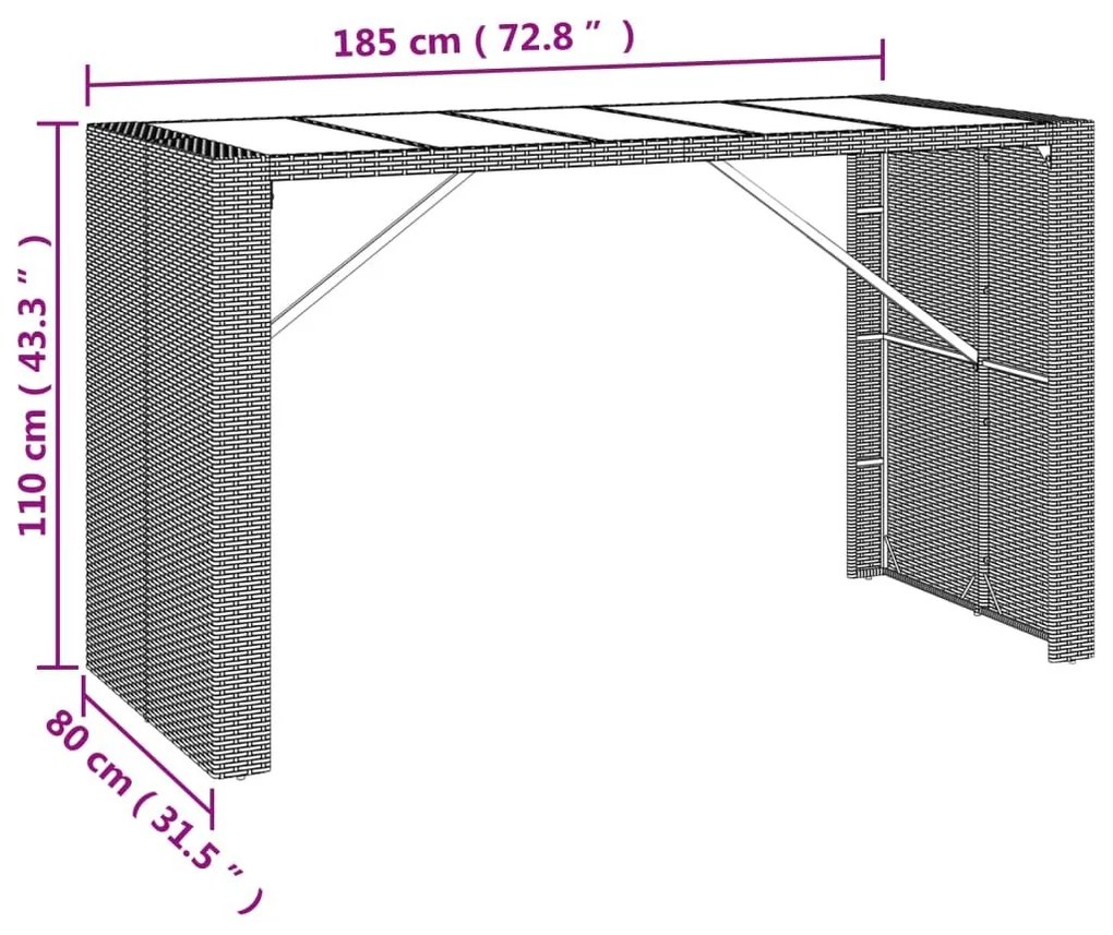 Τραπέζι Μπαρ με Γυάλ. Επιφάνεια Καφέ 185x80x110 εκ. Συνθ. Ρατάν - Καφέ