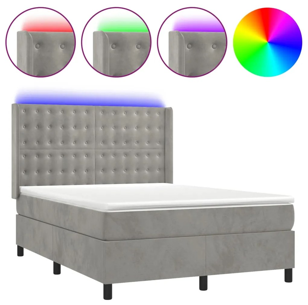 vidaXL Κρεβάτι Boxspring με Στρώμα&LED Αν. Γκρι 140x190 εκ. Βελούδινο