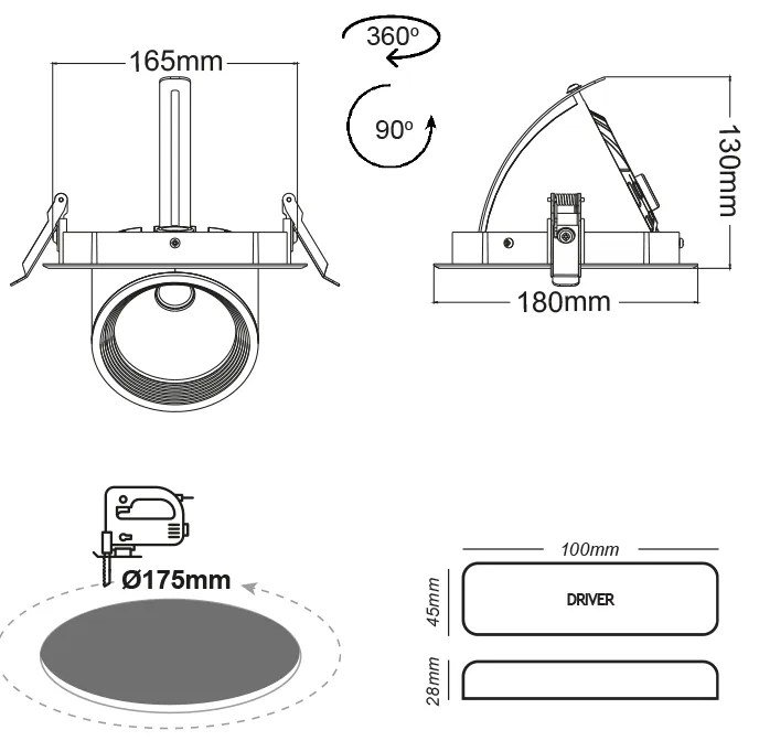 WHITE LED RECESSED MOVABLE LUMINAIRE 30W 3000K 60° 2400LM 230V Ra80 - 3000K - LINO3030