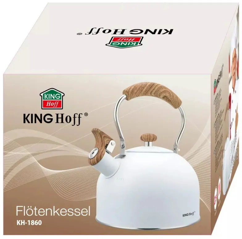 Τσαγιέρα με σφυρίχτρα Kinghoff KH 1860, 2.5 l, Επαγωγή, Ξύλινη λαβή, Λευκό