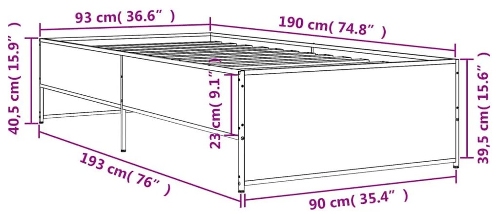 Πλαίσιο Κρεβατιού Μαύρο 90 x 190 εκ. Επεξ. Ξύλο &amp; Μέταλλο - Μαύρο