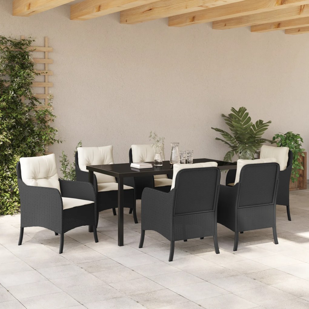 vidaXL Σέτ φαγητού για κήπο με μαξιλάρι 7 pcs Μαύρο Πολυ ράταν