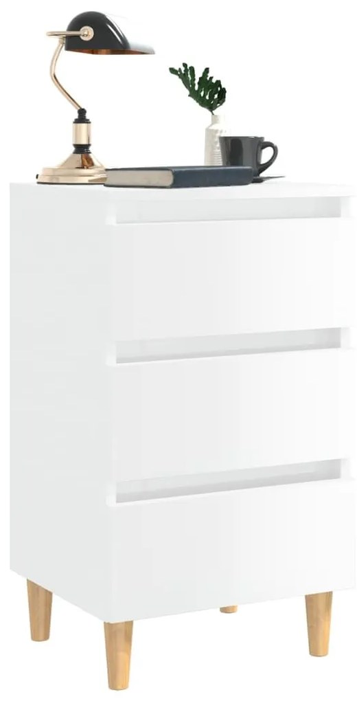 Κομοδίνο Γυαλιστερό Λευκό 40x35x69 εκ. με Μασίφ Ξύλινα Πόδια - Λευκό
