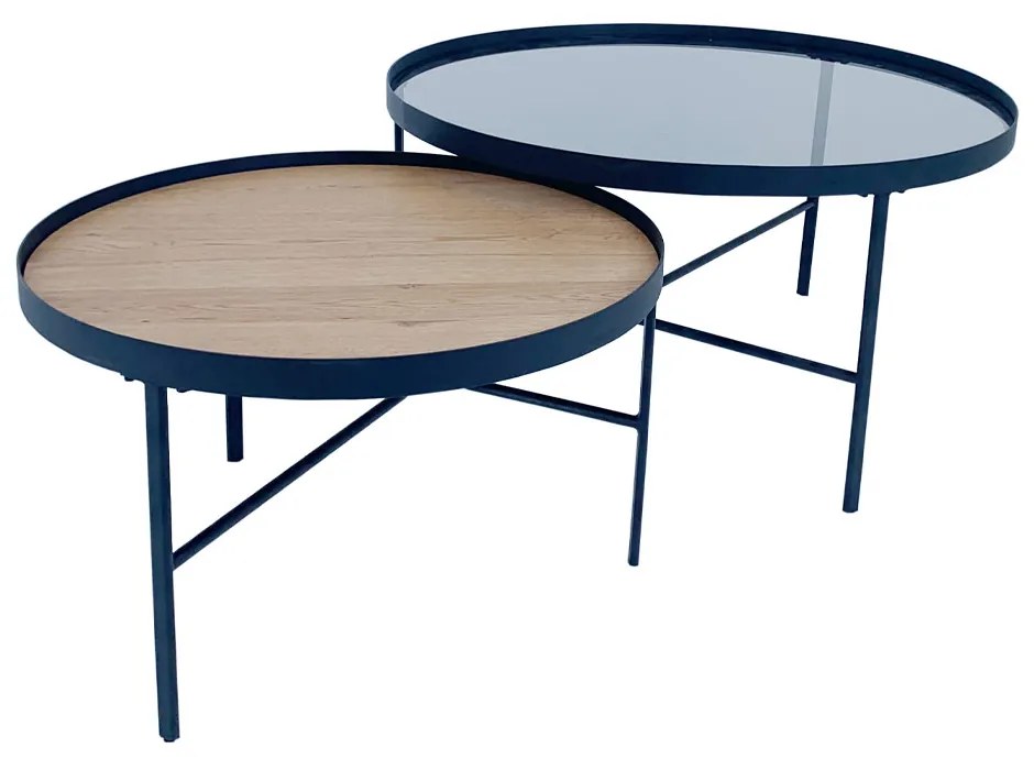 ACCORDO COFFEE TABLE SET 2ΤΕΜ ΦΥΣΙΚΟ ΦΙΜΕ ΜΑΥΡΟ D80-60xH42-36cm - 04-0966 - 04-0966