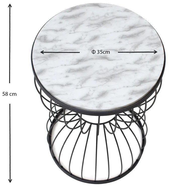 Βοηθητικό τραπεζάκι Pino Megapap μεταλλικό - Mdf χρώμα μαύρο - λευκό εφέ μαρμάρου 35x35x58εκ.