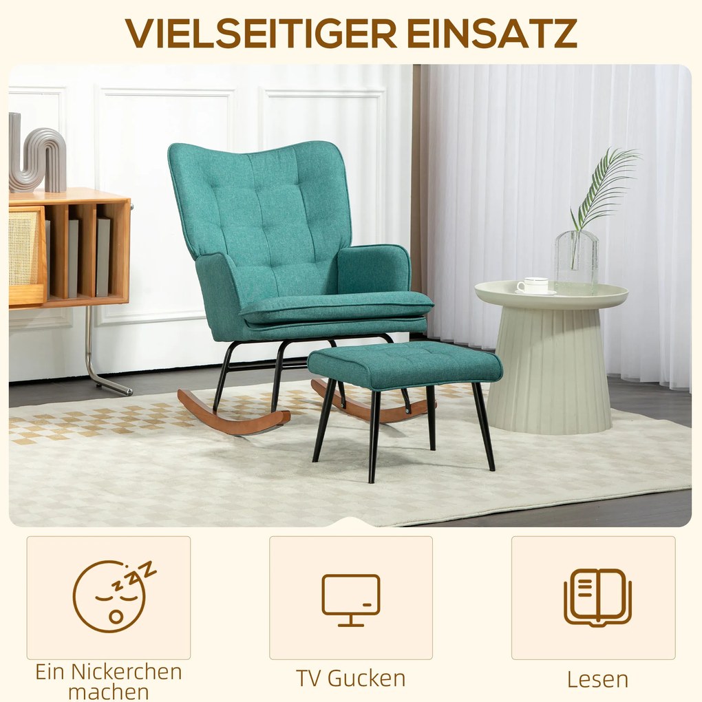 HOMCOM Πολυθρόνα Κουνιστή με Υποπόδιο, Φαρδύ Κάθισμα, Ψηλή Πλάτη, Απομίμηση Λινού, Μέντα
