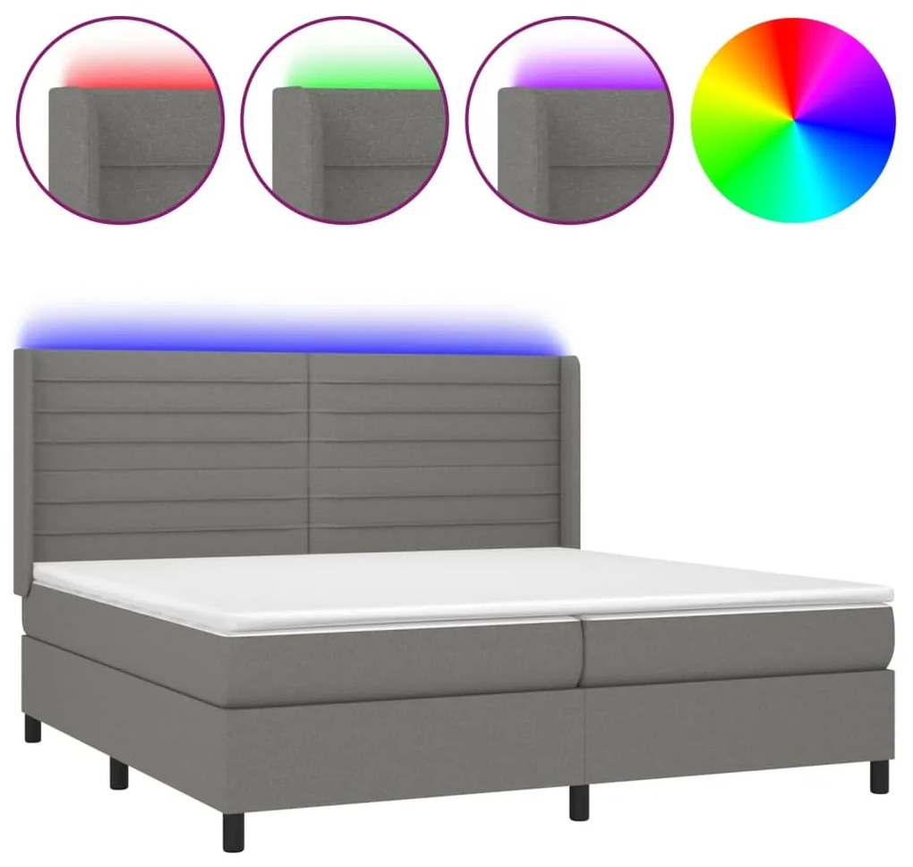 vidaXL Κρεβάτι Boxspring με Στρώμα & LED Σκ.Γκρι 200x200εκ. Υφασμάτινο