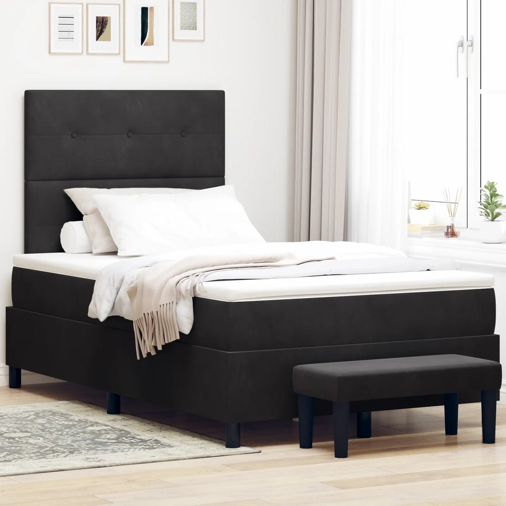 vidaXL Κρεβάτι Box Spring με Στρώμα & Πάγκο Μαύρο 120x200 εκ. Βελούδο