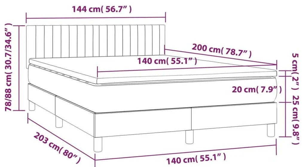 Κρεβάτι Boxspring με Στρώμα &amp; LED Σκ. Γκρι 140x200εκ. Βελούδινο - Γκρι