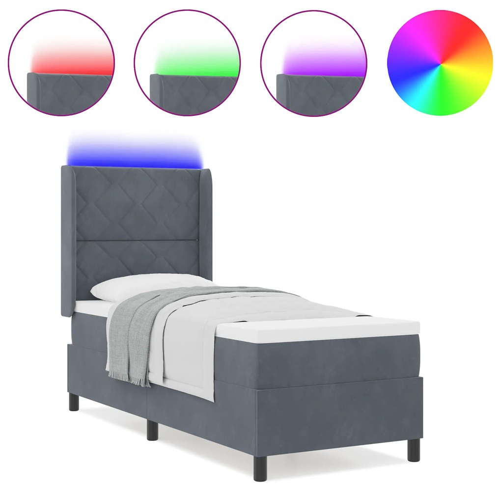 vidaXL Κρεβάτι Box Spring με Στρώμα & LED Σκούρο Γκρι 80x200 εκ. Βελούδο