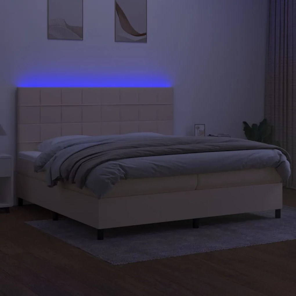 Κρεβάτι Boxspring με Στρώμα &amp; LED Κρεμ 200x200 εκ. Υφασμάτινο - Κρεμ