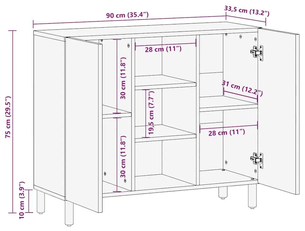 Μπουφές 90x33,5x75 εκ. από Μασίφ Ακατέργαστο Ξύλο Μάνγκο - Καφέ