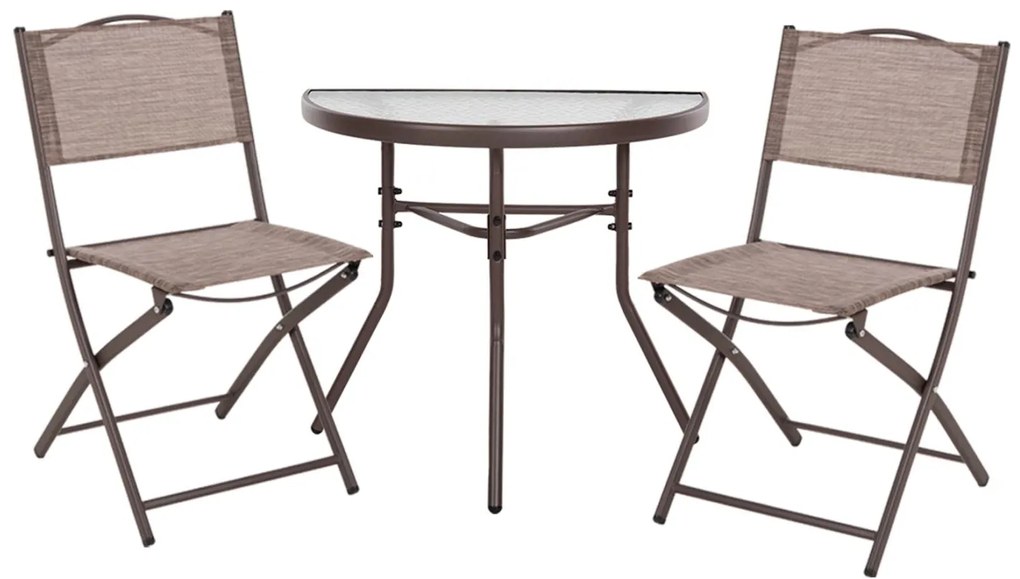 OUTDOOR DINING SET 3PCS LIMAG  METAL SEMICIRCULAR TABLE &amp; 2 FOLDABLE CHAIRS-BROWN