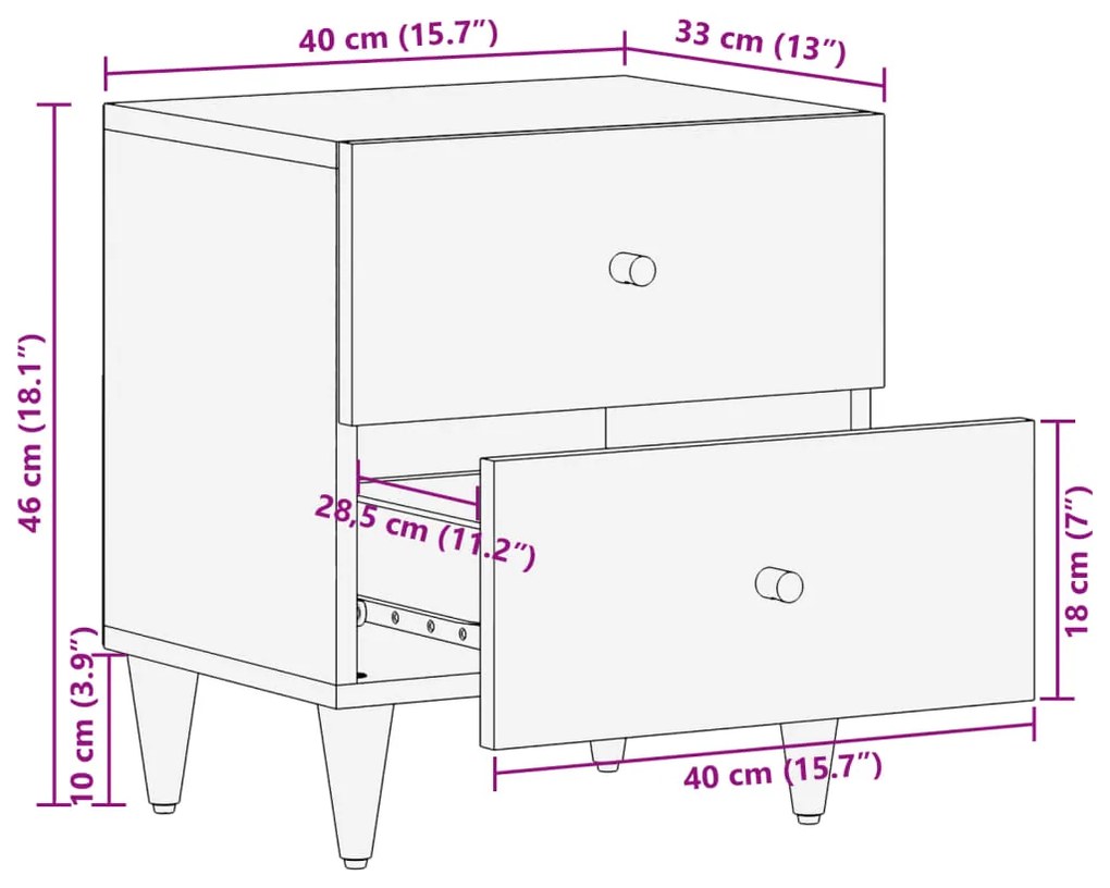 Κομοδίνα 2 τεμ. 40 x 33 x 46 εκ. από Μασίφ Ξύλο Μάνγκο - Μαύρο