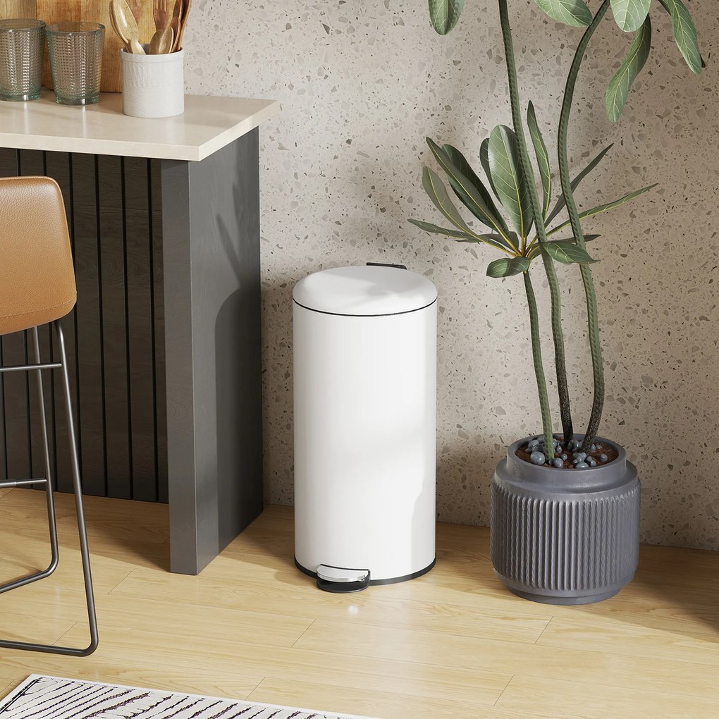 HOMCOM Κάδος απορριμμάτων 30L, κάδος με πεντάλ, κλειδαριά καπακιού, πεντάλ, ανθεκτικό σε λεκέδες, κρεμώδες λευκό