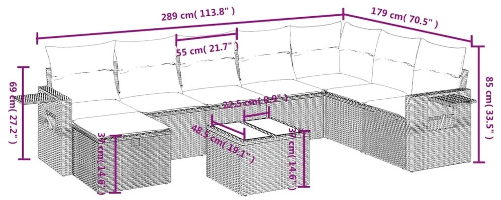 vidaXL Σετ Καναπέ Κήπου 9 τεμ. Μικτό Μπεζ Συνθ. Ρατάν με Μαξιλάρια