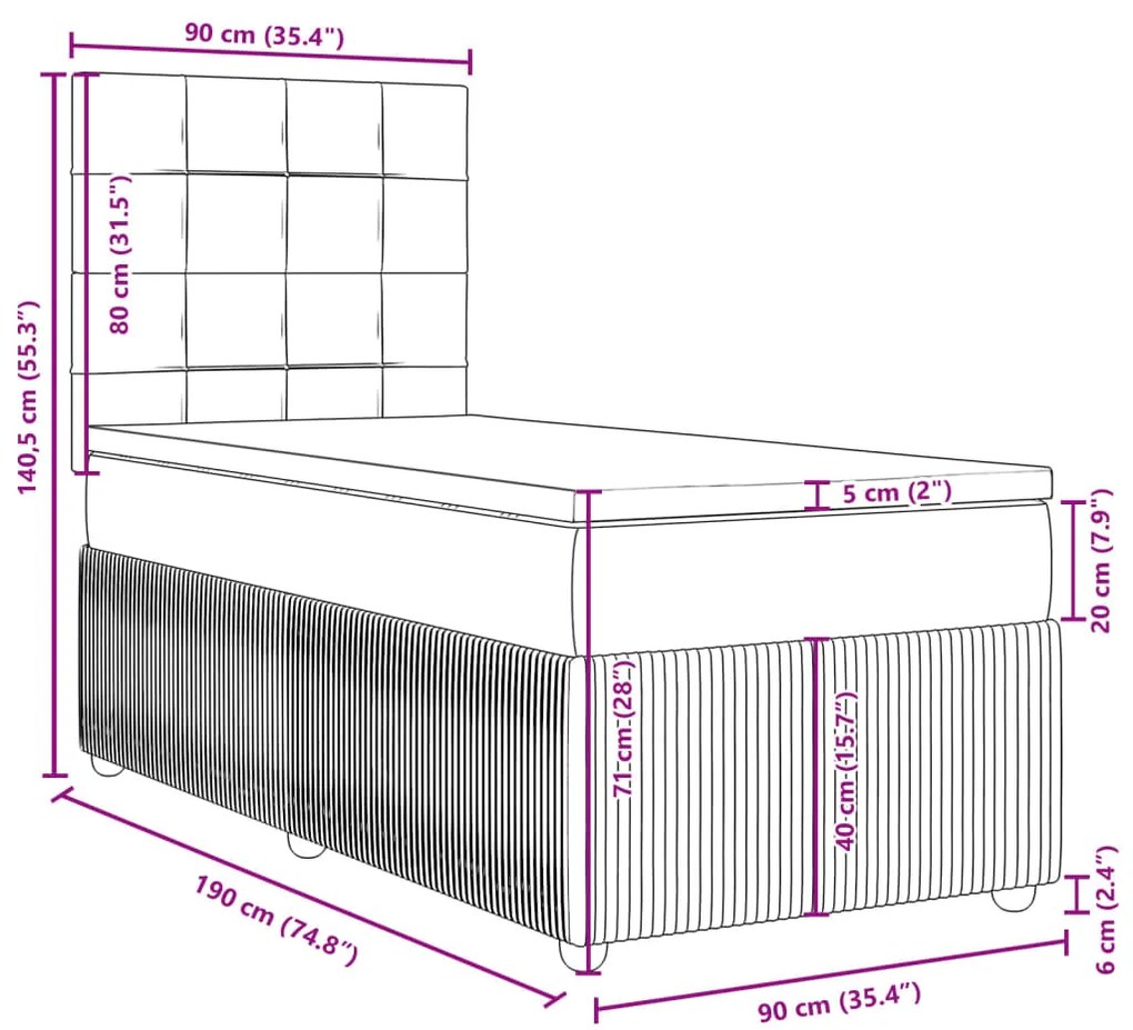 Κρεβάτι Boxspring με Στρώμα Μπλε 90x190 εκ.Υφασμάτινο - Μπλε